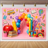 Lofaris Colorful Back To School Backdrop with Balloons and School Bus Educational Photo Background for Classroom Decor