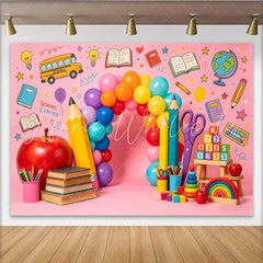 Lofaris Colorful Back To School Backdrop with Balloons and School Bus Educational Photo Background for Classroom Decor