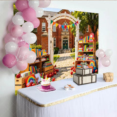 Lofaris Colorful Back to School Backdrop with Books and Apples Rainbow Backpack Photography Background for Party Decor