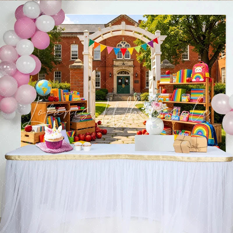 Lofaris Colorful Back to School Backdrop with Books and Apples Rainbow Backpack Photography Background for Party Decor