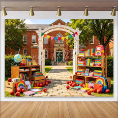 Lofaris Colorful Back to School Backdrop with Books and Apples Rainbow Backpack Photography Background for Party Decor