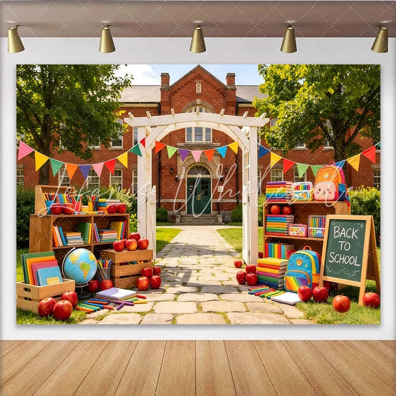 Lofaris Colorful Back To School Backdrop with Books and Apples Vibrant Classroom Photography Background for First Day Party Decor