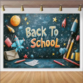 Lofaris Colorful Back To School Backdrop with Chalkboard Design Space Elements and School Supplies for Classroom Decor