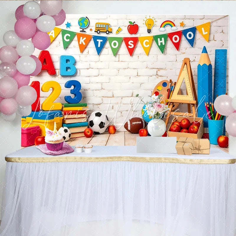 Lofaris Colorful Back To School Backdrop with Letters and Numbers Educational Photography Background for Classroom Decor