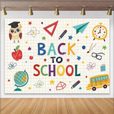 Lofaris Colorful Back To School Backdrop with Owl Apple and Globe Educational Photo Background for Classroom or Kids Party Decoration