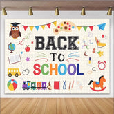 Lofaris Colorful Back To School Backdrop with Owl Globe and School Bus Vibrant Cartoon Learning Theme Background for Classroom Decor