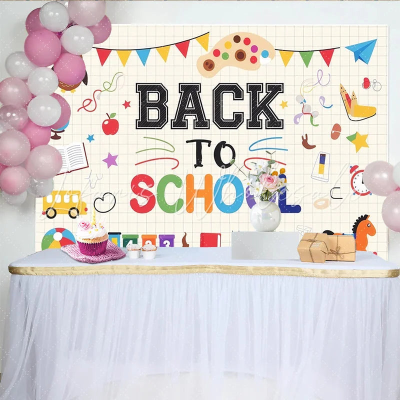 Lofaris Colorful Back To School Backdrop with Owl Globe and School Bus Vibrant Cartoon Learning Theme Background for Classroom Decor