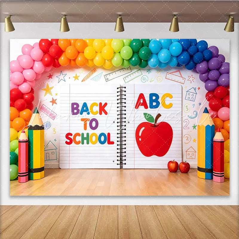 Lofaris Colorful Back To School Backdrop with Rainbow Balloons and ABC Large Notebook Design Photography Background for Classroom Decor