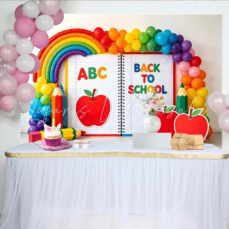 Lofaris Colorful Back To School Backdrop with Rainbow Balloons and ABC Vibrant Classroom Decor for First Day Photoshoot