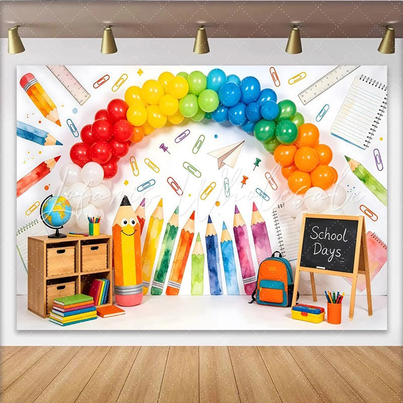 Lofaris Colorful Back to School Backdrop with Rainbow Balloons and Pencils Fun School Days Background for Classroom Decor and Photoshoot