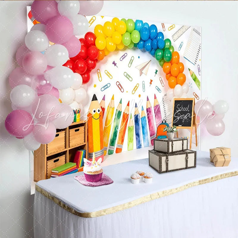 Lofaris Colorful Back to School Backdrop with Rainbow Balloons and Pencils Fun School Days Background for Classroom Decor and Photoshoot