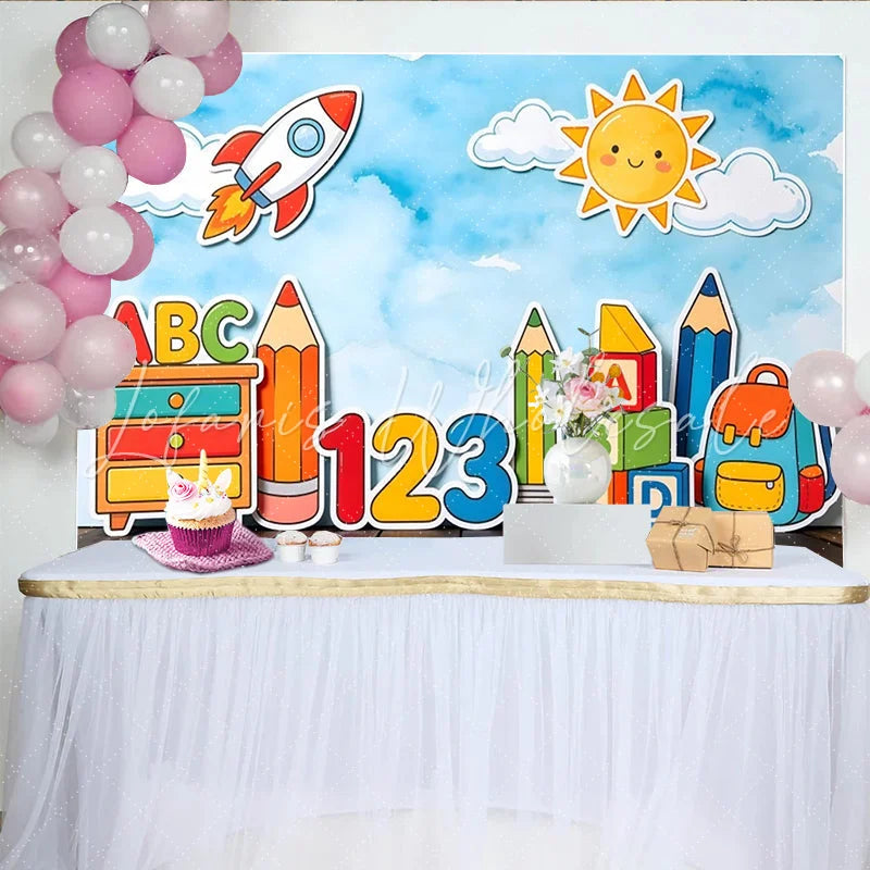 Lofaris Colorful Back to School Backdrop with Rocket Sun and ABC 123 Fun Learning Theme Background for Kids Photography