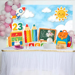 Lofaris Colorful Back To School Backdrop with Rocket Sun and Learning Elements Cute Photography Background for Kids Party Decor