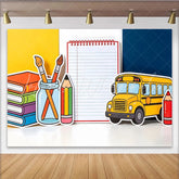 Lofaris Colorful Back To School Backdrop with Yellow Bus Books and Pencils Educational Photography Background for Classroom Decor
