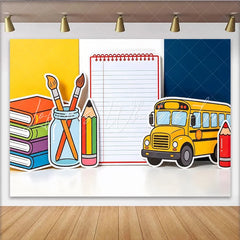 Lofaris Colorful Back To School Backdrop with Yellow Bus Books and Pencils Educational Photography Background for Classroom Decor