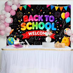 Lofaris Colorful Back To School Welcome Backdrop with Balloons and School Supplies Vibrant Classroom Decor for First Day Photoshoot