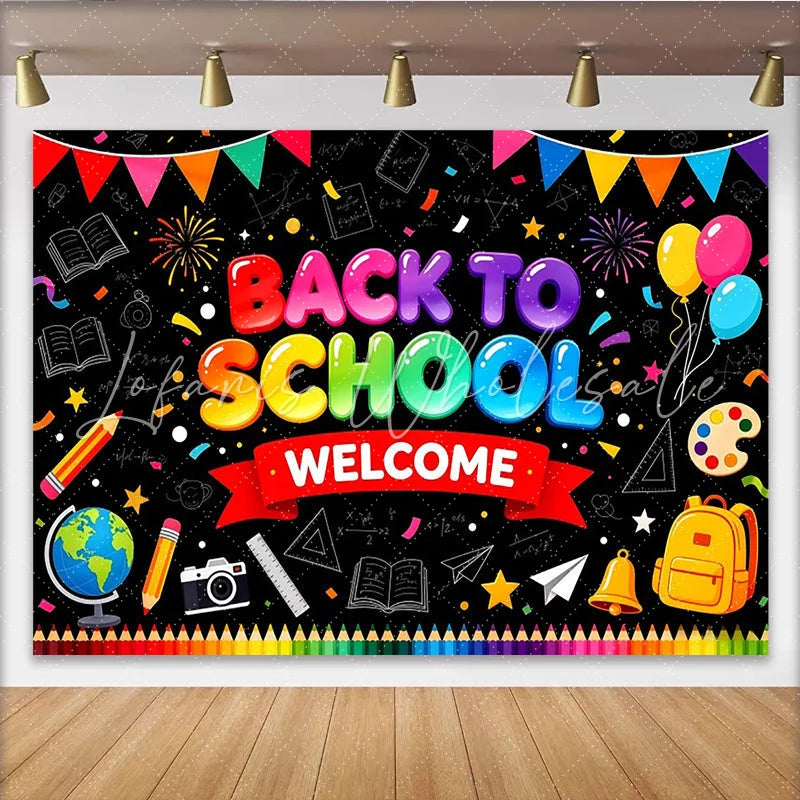 Lofaris Colorful Back To School Welcome Backdrop with Balloons and School Supplies Vibrant Classroom Decor for First Day Photoshoot