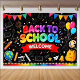 Lofaris Colorful Back To School Welcome Backdrop with Balloons and School Supplies Vibrant Classroom Decor for First Day Photoshoot