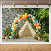 Lofaris Colorful Balloon Arch and Outdoor Tent Birthday Cake Smash Backdrop Natural Garden Party Decor