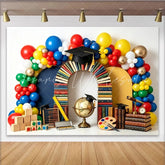 Lofaris Colorful Balloon Arch Graduation Backdrop with Books and Caps School Learning Theme Photo Background for Celebration Party Decor