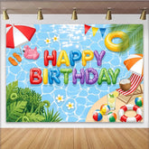 Lofaris Colorful Balloon Letters Pool Party Birthday Backdrop Tropical Summer Beach Scene Background for Kids Party Decoration