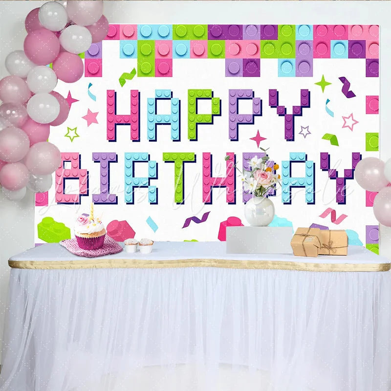 Lofaris Colorful Building Block Happy Birthday Backdrop for Kids Party Vibrant Brick Wall Theme Background for Photo Booth Props
