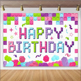 Lofaris Colorful Building Block Happy Birthday Backdrop for Kids Party Vibrant Brick Wall Theme Background for Photo Booth Props