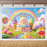 Lofaris Colorful Candy Land Rainbow Birthday Backdrop with Sweet Cake and Ice Cream Whimsical Party Background for Kids Photoshoot