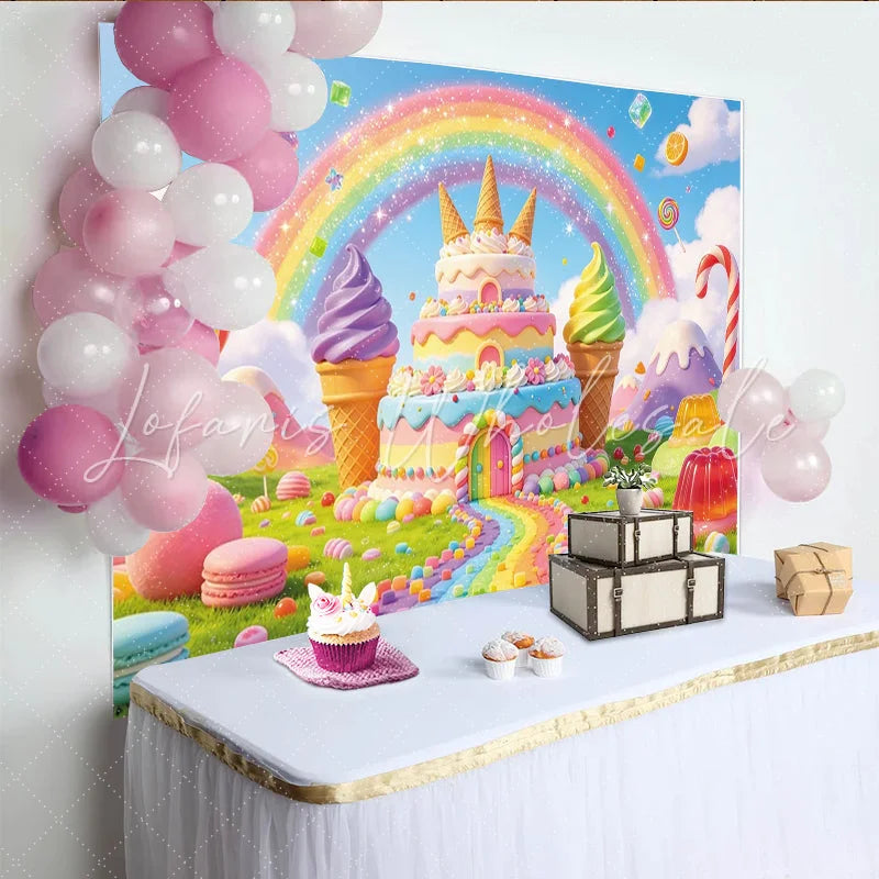 Lofaris Colorful Candy Land Rainbow Birthday Backdrop with Sweet Cake and Ice Cream Whimsical Party Background for Kids Photoshoot