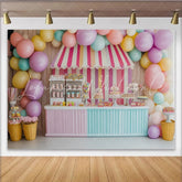 Lofaris Colorful Candy Store Birthday Backdrop with Balloons and Striped Awning Sweet Dessert Bar Background for Party Decoration