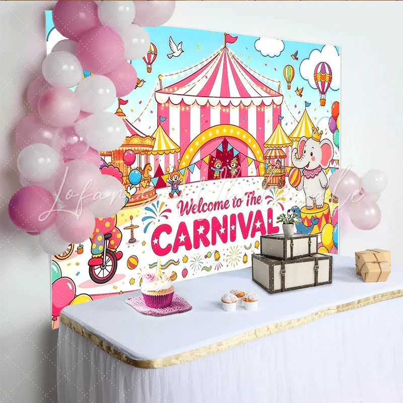 Lofaris Colorful Carnival Birthday Backdrop with Circus Tent and Clown Festive Animal Party Background for Kids Celebration