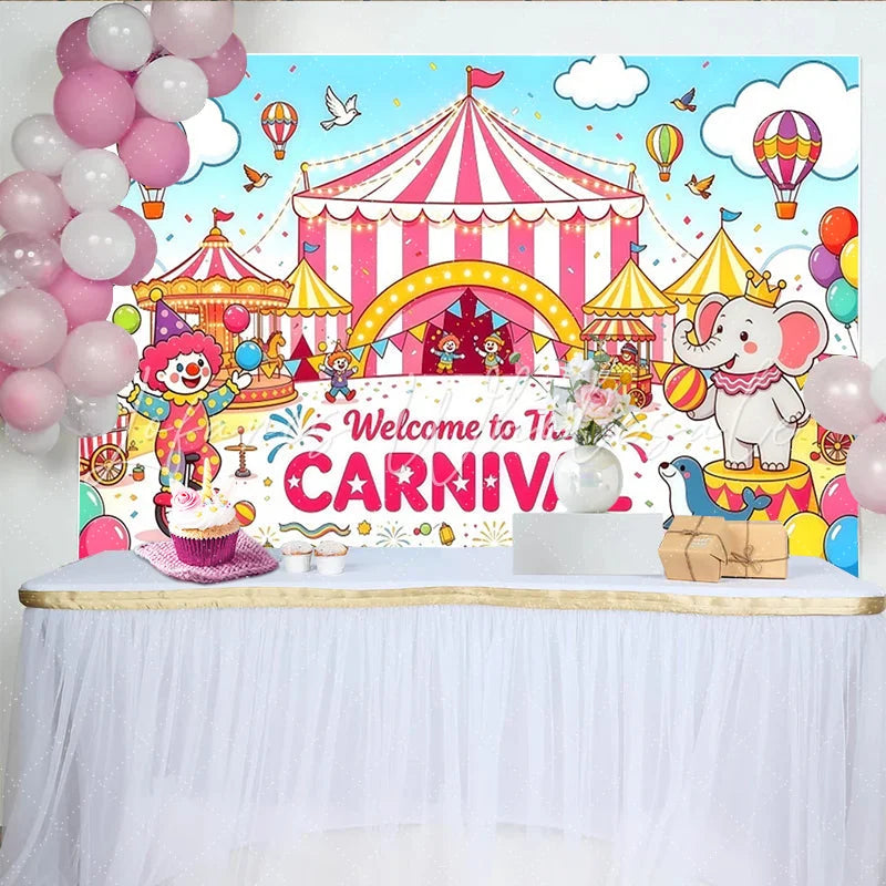 Lofaris Colorful Carnival Birthday Backdrop with Circus Tent and Clown Festive Animal Party Background for Kids Celebration