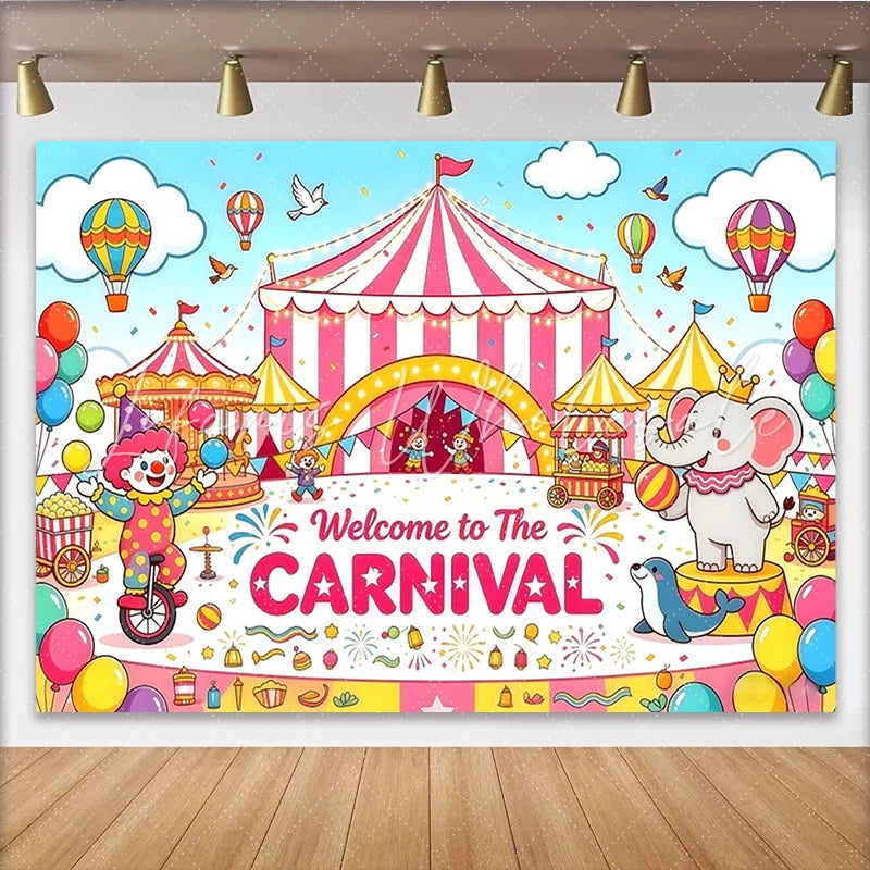Lofaris Colorful Carnival Birthday Backdrop with Circus Tent and Clown Festive Animal Party Background for Kids Celebration