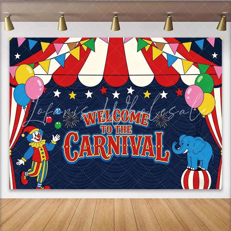 Lofaris Colorful Carnival Holiday Backdrop with Clown Elephant and Balloons Circus Tent Theme Party Photography Background