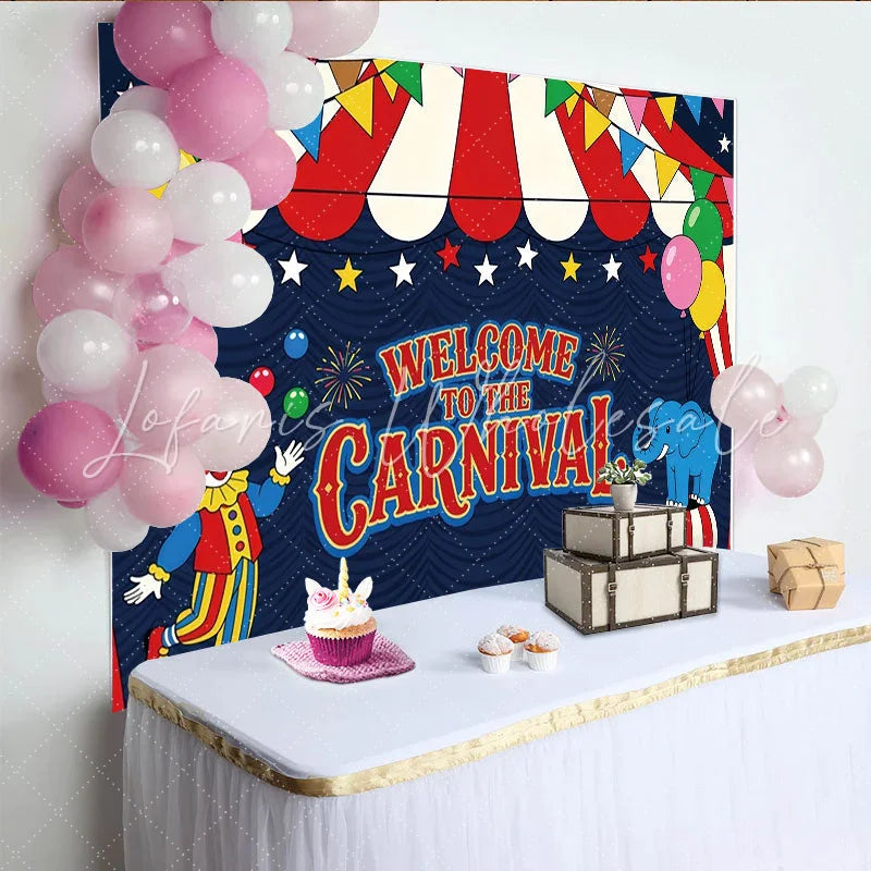 Lofaris Colorful Carnival Holiday Backdrop with Clown Elephant and Balloons Circus Tent Theme Party Photography Background
