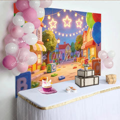 Lofaris Colorful Cartoon Alphabet Birthday Backdrop with Balloons and Stars Playful Street Scene Photography Background for Kids Party