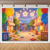 Lofaris Colorful Cartoon Alphabet Birthday Backdrop with Balloons and Stars Playful Street Scene Photography Background for Kids Party