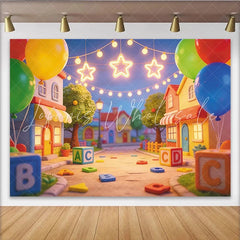 Lofaris Colorful Cartoon Alphabet Birthday Backdrop with Balloons and Stars Playful Street Scene Photography Background for Kids Party
