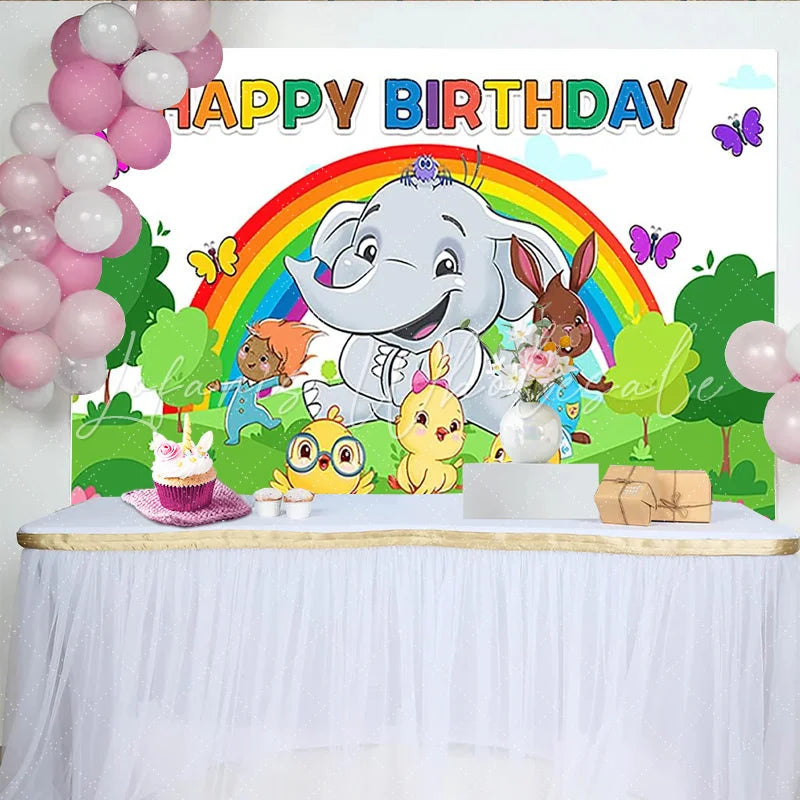 Lofaris Colorful Cartoon Animal Birthday Backdrop with Rainbow and Elephant Vibrant Party Background for Kids Photoshoot and Celebration