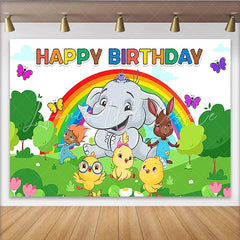 Lofaris Colorful Cartoon Animal Birthday Backdrop with Rainbow and Elephant Vibrant Party Background for Kids Photoshoot and Celebration