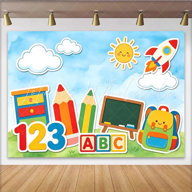 Lofaris Colorful Cartoon Back to School Backdrop with Pencils ABC Blocks and Numbers Fun Learning Theme Photo Background for Kids