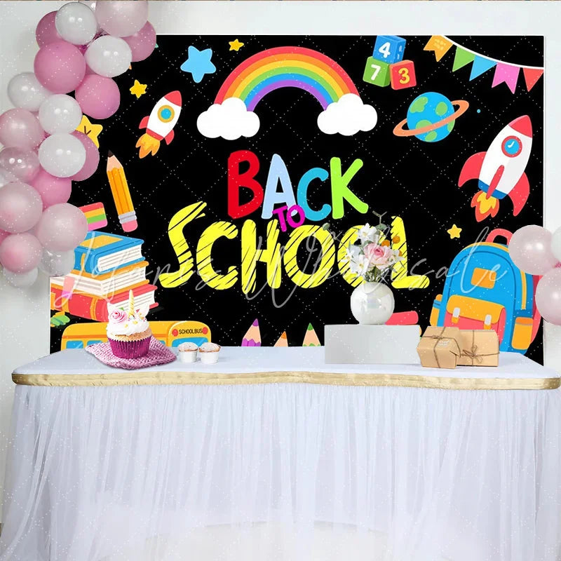 Lofaris Colorful Cartoon Back to School Backdrop with Rainbow and Books Fun Photography Background for Kids Party Decor