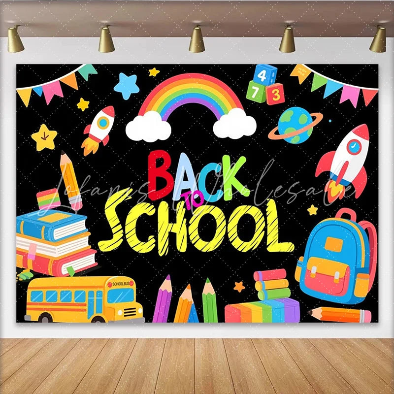 Lofaris Colorful Cartoon Back to School Backdrop with Rainbow and Books Fun Photography Background for Kids Party Decor