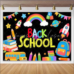 Lofaris Colorful Cartoon Back to School Backdrop with Rainbow and Books Fun Photography Background for Kids Party Decor