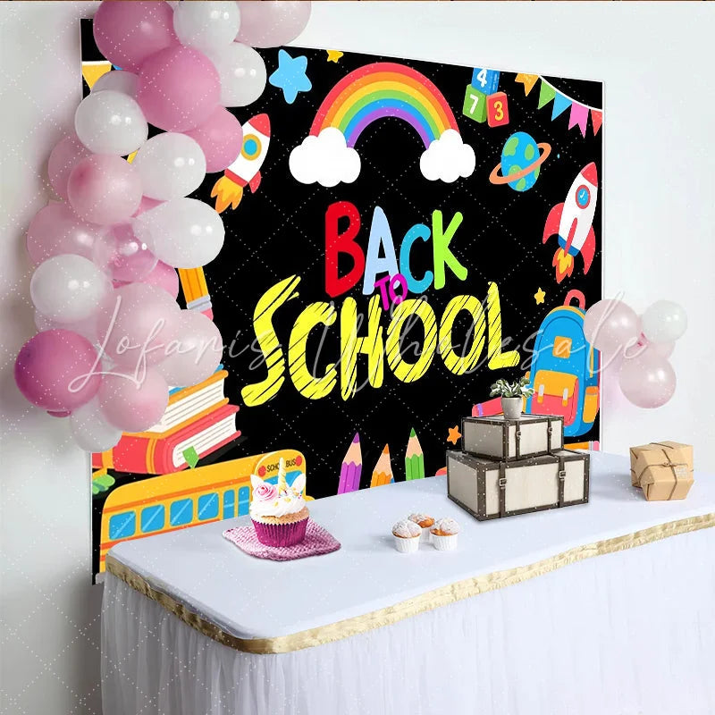 Lofaris Colorful Cartoon Back to School Backdrop with Rainbow and Books Fun Photography Background for Kids Party Decor