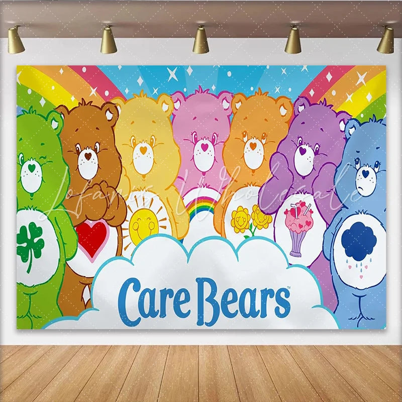 Lofaris Colorful Cartoon Bear Birthday Backdrop with Rainbow and Stars Friendly Animal Party Background for Kids Photoshoot.