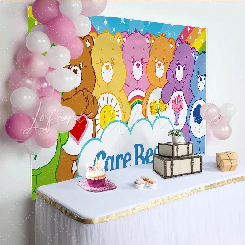 Lofaris Colorful Cartoon Bear Birthday Backdrop with Rainbow and Stars Friendly Animal Party Background for Kids Photoshoot.