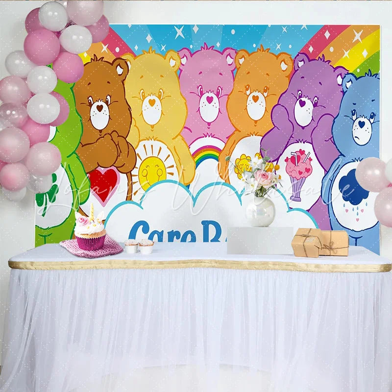 Lofaris Colorful Cartoon Bear Birthday Backdrop with Rainbow and Stars Friendly Animal Party Background for Kids Photoshoot.
