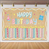 Lofaris Colorful Cartoon Happy Birthday Backdrop with Candles and Party Hat Kraft Paper Texture Background for Kids Party Decor