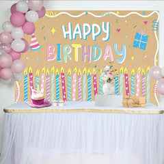 Lofaris Colorful Cartoon Happy Birthday Backdrop with Candles and Party Hat Kraft Paper Texture Background for Kids Party Decor